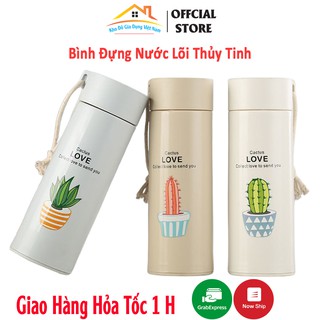 Bình Đựng Nước Lõi Thủy Tinh Vỏ Nhựa Họa Tiết Xương Rồng Dung Tích 450ml