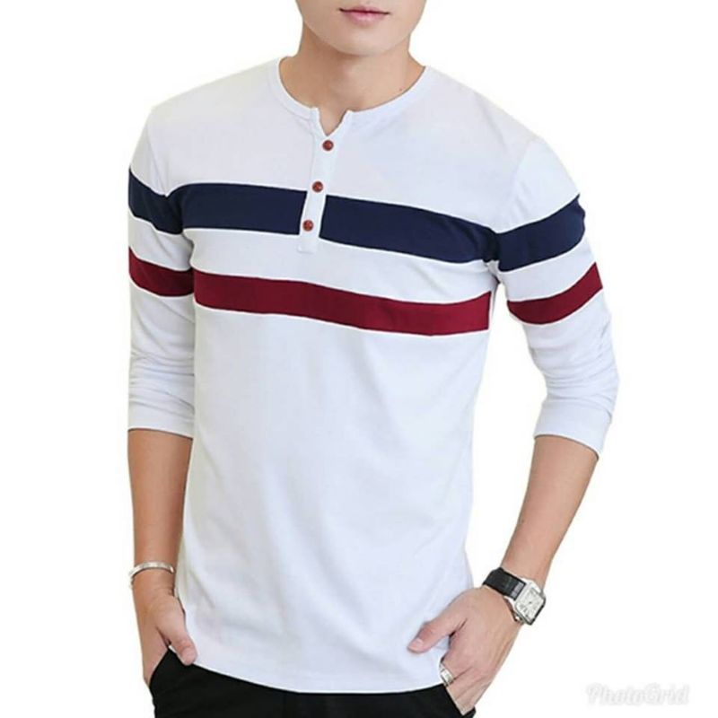 Áo thun nam tay dài cổ tròn đính nút chất thun cotton phối màu sọc ngang, mẫu áo thun nam ulzzang thời trang thu đông