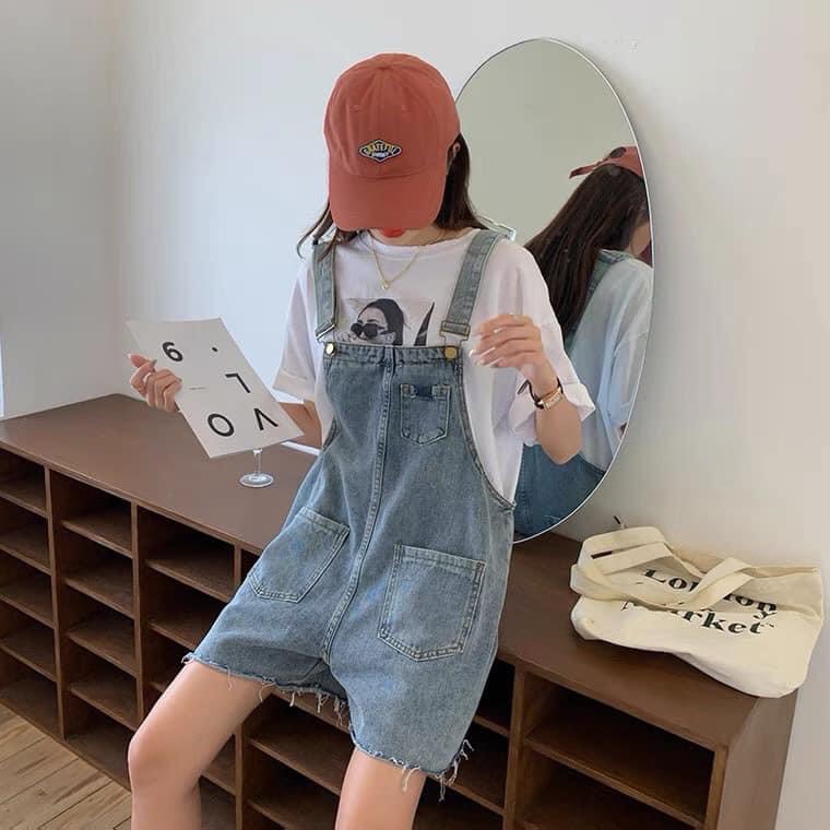 Yếm quần jean nữ dáng ngắn ống rộng unisex oversize chất bò dày dặn màu xanh nhạt phong cách ulzzang hàn quốc
