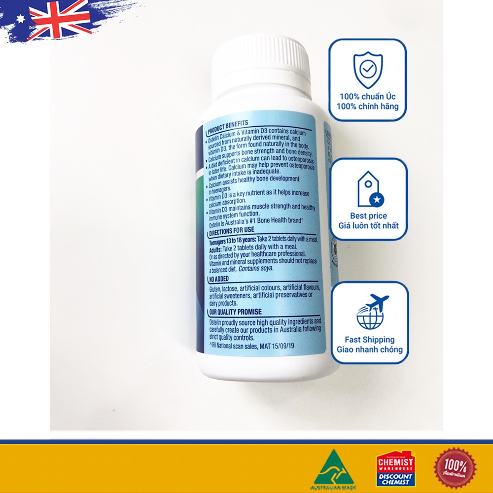 [Tem Chemist] Canxi bầu Úc Ostelin Calcium &amp; Vitamin D3 130 viên (SP3)