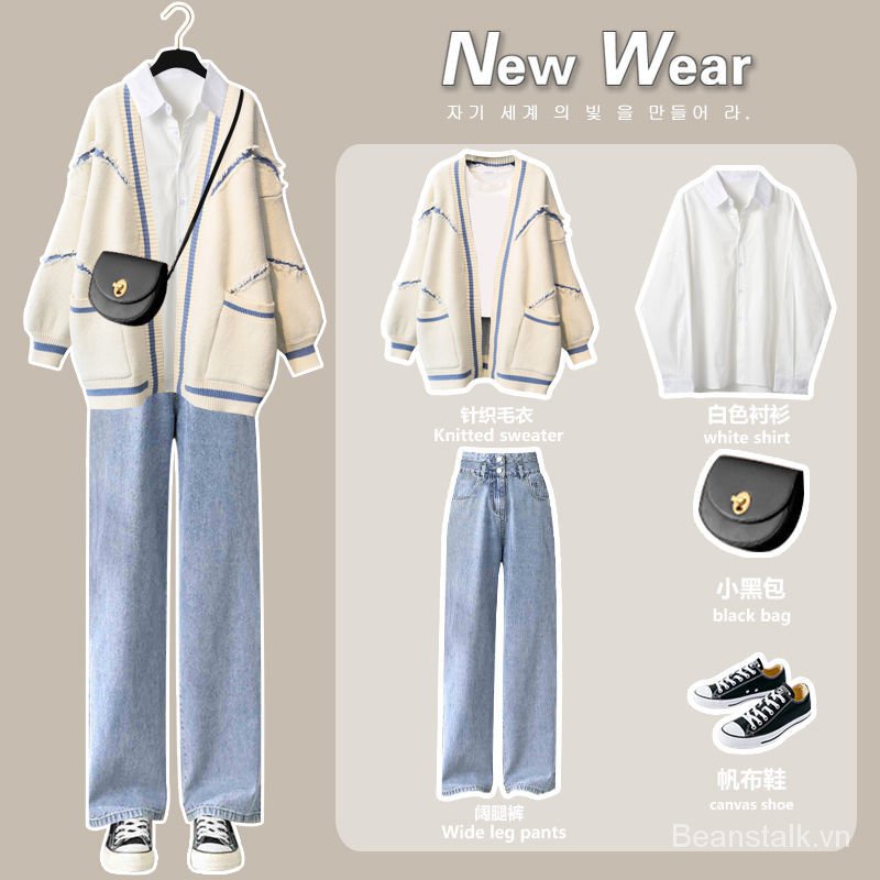 Set dồ 3 món gồm áo khoác cardigan dệt kim và quần jean ống rộng có cỡ lớn mặc vào thu đông 2021 cho nữ