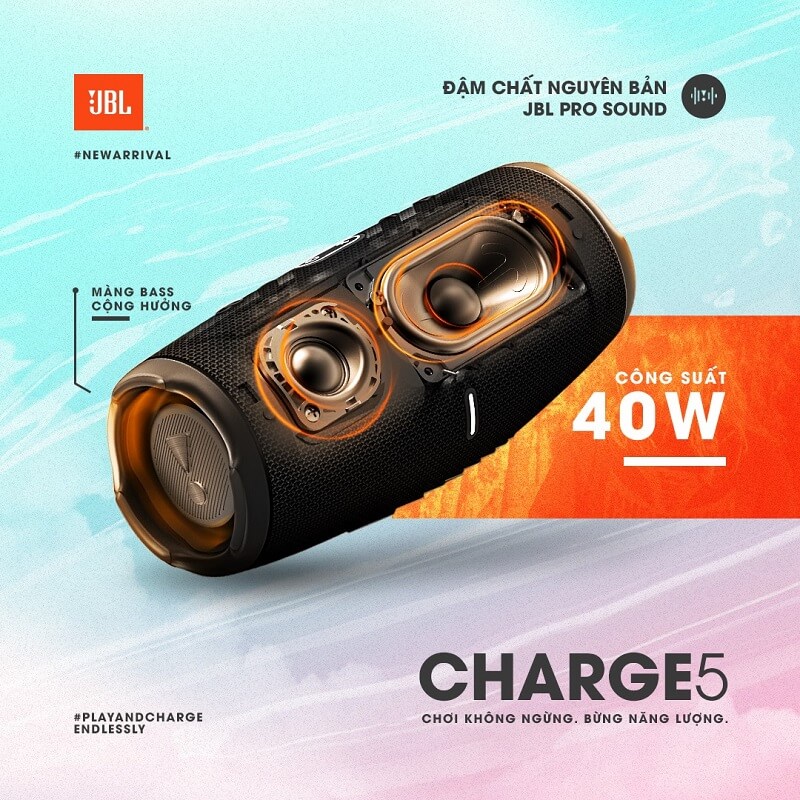 [CHÍNH HÃNG] Loa Bluetooth JBL Charge 5 | Công Suất 40W - Pin 20 Giờ - Kháng Nước IP67 - Hỗ Trợ Sạc - Giá Rẻ Nhất