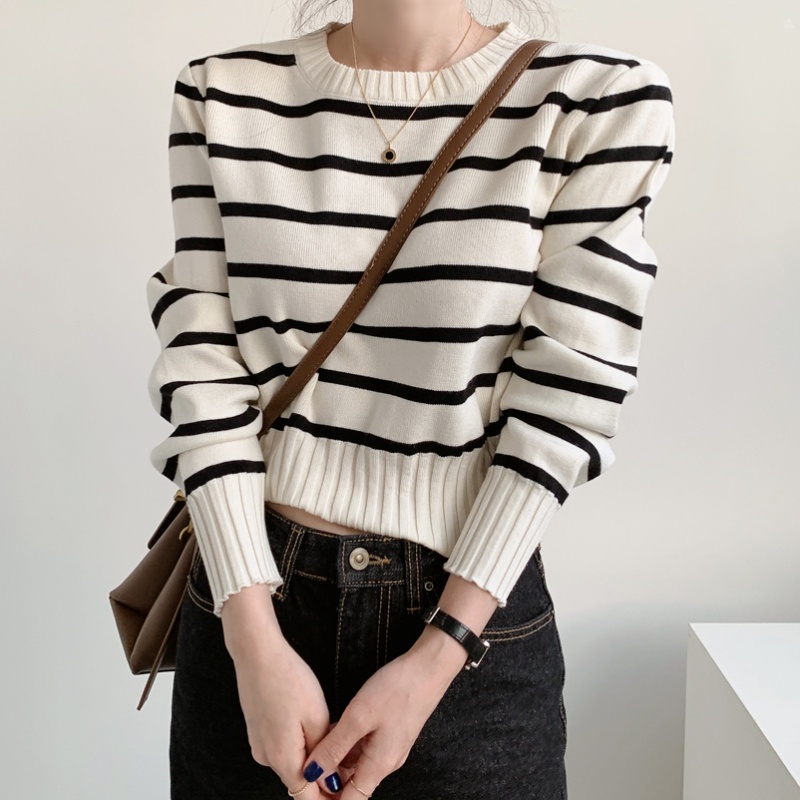 Áo sweater ZHELIHANGFEI dài tay lưng cao họa tiết kẻ sọc ngang phong cách retro