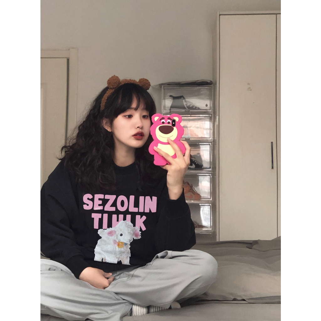 SELVZE Áo sweater cổ tròn dáng rộng in họa tiết vải cotton thời trang đường phố cá tính cho nữ
