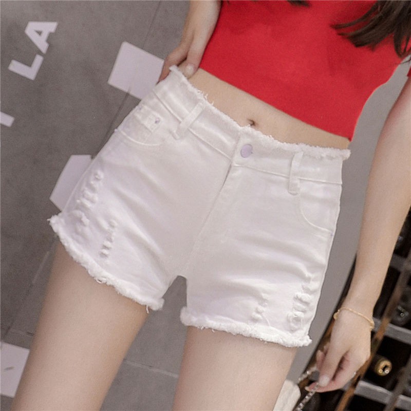 Quần jean✵Quần short denim thun bó giữa eo kiểu mới có độ co giãn cao vào mùa hè, dài màu trắng dành cho nữ, đen viền th