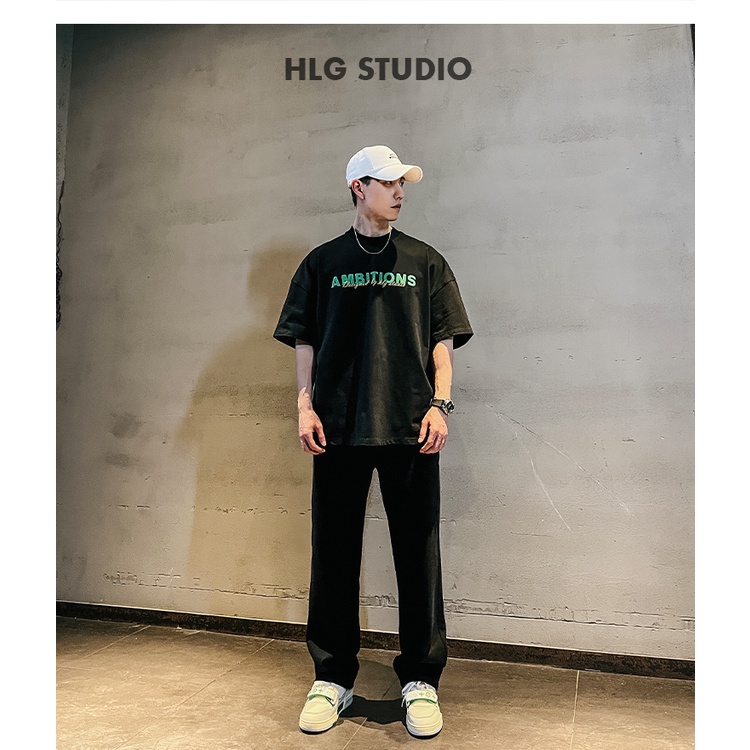 Áo phông nam cổ tròn AMBITON phong cách tay lỡ đơn giản, Cotton cao cấp đường phố 2022