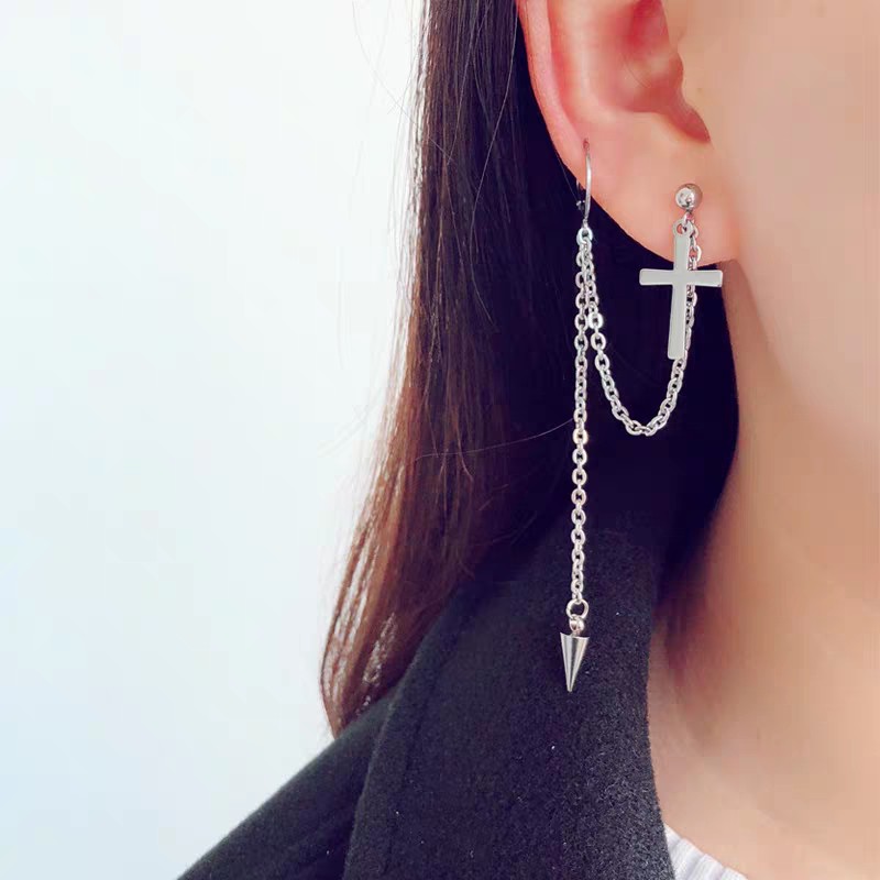 Khuyên tai titan unisex thánh giá phối xích vành tai ko gỉ có loại kẹp UE190313 JB Got7