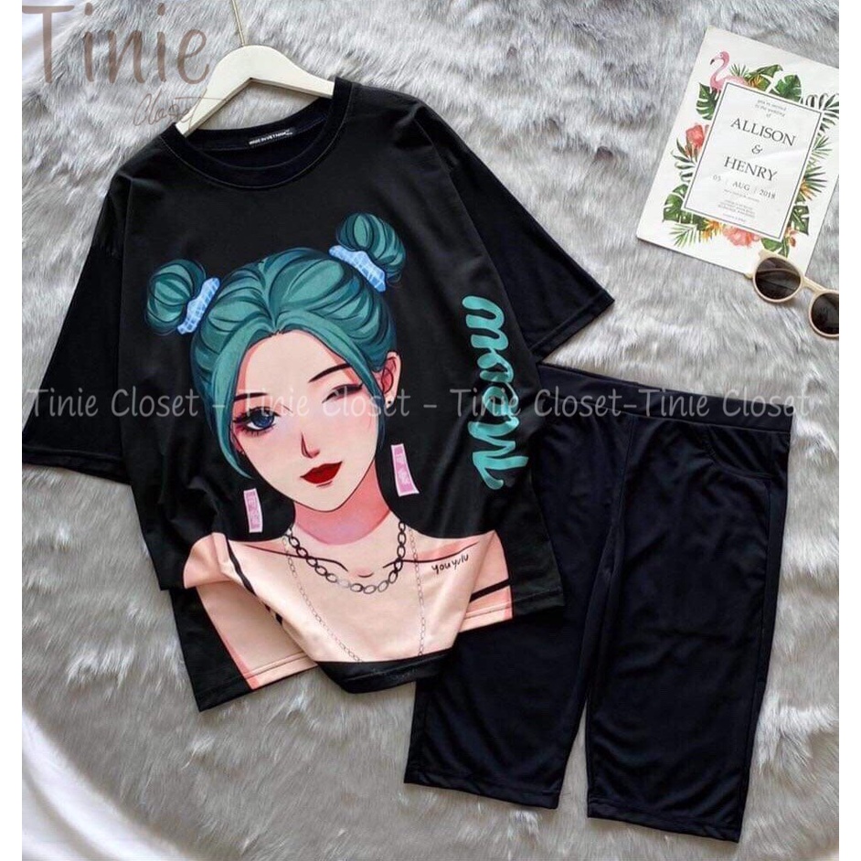 Đồ bộ nữ áo thun phom rộng quần legging lửng ngố NHIỀU MẪU, Set bộ quần Biker short Freesize Tinie Closet