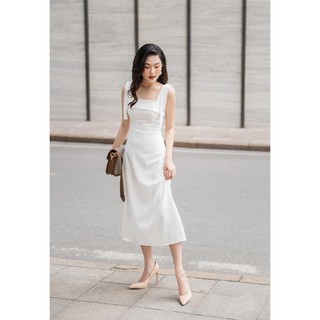 Đầm đen 2 dây, Váy trắng dự tiệc Cao Cấp thắt nơ dây vai dáng xòe ôm eo, quyến rũ nữ tính - MiNhi