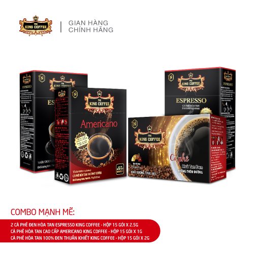 Combo Mạnh Mẽ - 3 Loại Cà Phê Hòa Tan Không Đường KING COFFEE - Phù hợp với phái nam