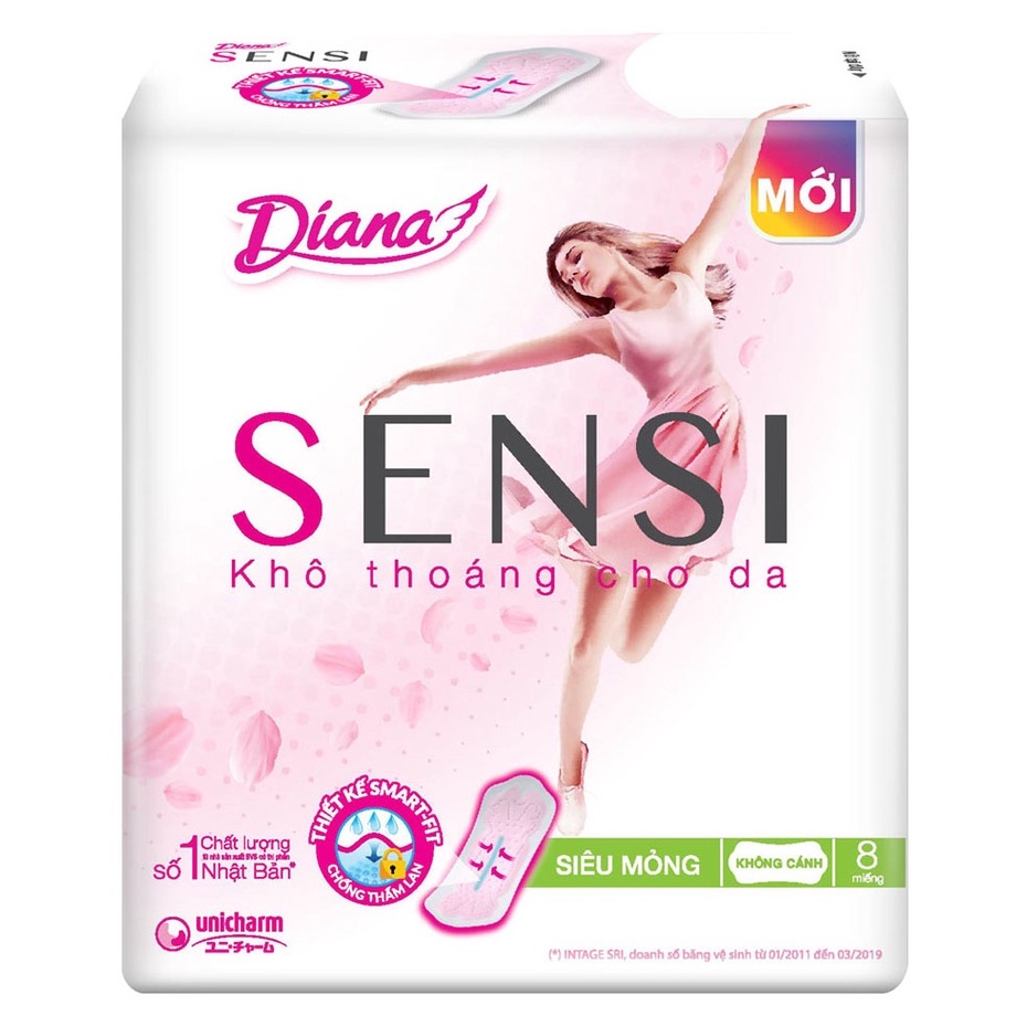 Băng Vệ Sinh Diana Sensi trắng Mặt Bông Có Cánh 23cm- 8 Miếng