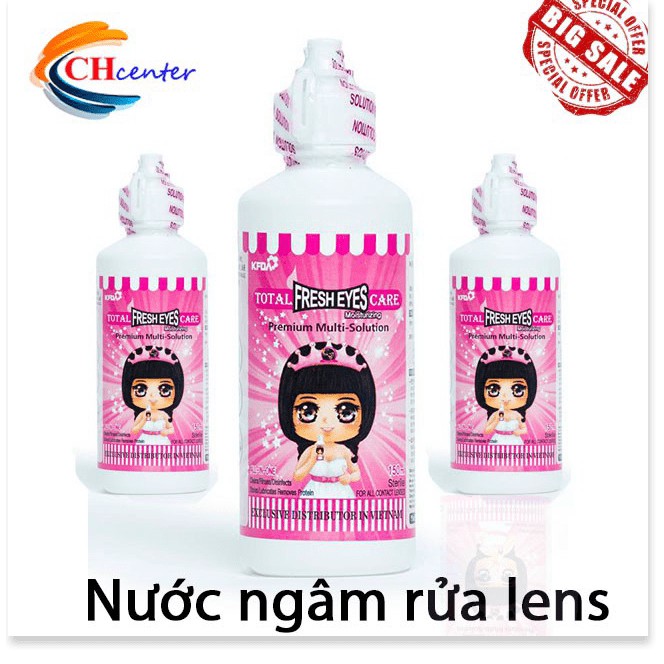 Nước ngâm rửa lens FRESH EYES chai lớn 150ml, nước nhỏ, dụng cụ đeo lens chuyên dụng chính hãng nhập khẩu Hàn Quốc