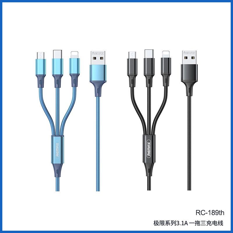 Dây Sạc 3A-Cáp Sạc 3 Đầu Remax rc-189th Micro-Type C-- Bảo Hành 6 Tháng