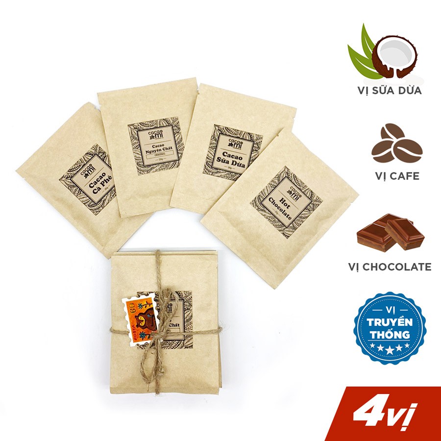 Set 4 gói dùng thử thức uống sô cô la mix vị cafe, sữa dừa, chocolate, nguyên chất thơm ngon CACAOMI thượng hạng