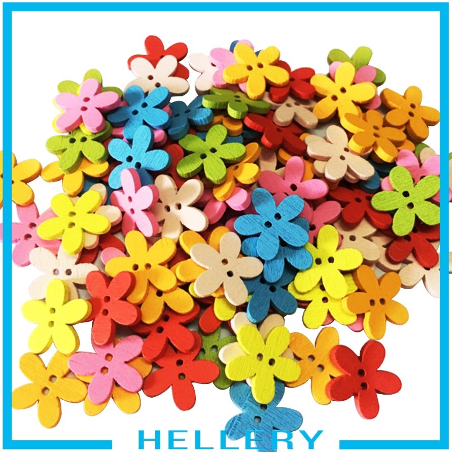 Set 100 Nút Gỗ 2 Lỗ Hình Bông Hoa Nhiều Màu Sắc Dùng Làm Đồ Thủ Công Diy