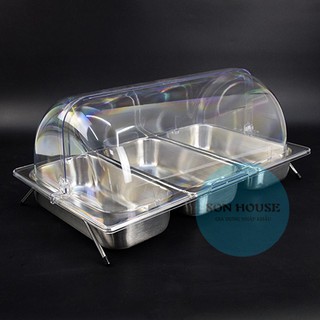 Bộ khay inox 3 ngăn có nắp đậy bằng nhựa mica trong suốt mở 180 độ đựng đồ ăn