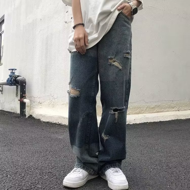 Quần Jean Ống Rộng Thoải Mái Phong Cách hip hop Đường Phố Hàn Quốc Cỡ S-3XL Cho Nam