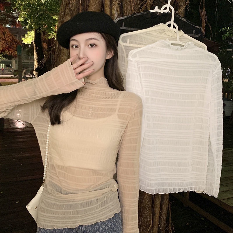Áo thun tay dài cổ lọ phối ren thời trang xuân thu mới cho nữ 2021