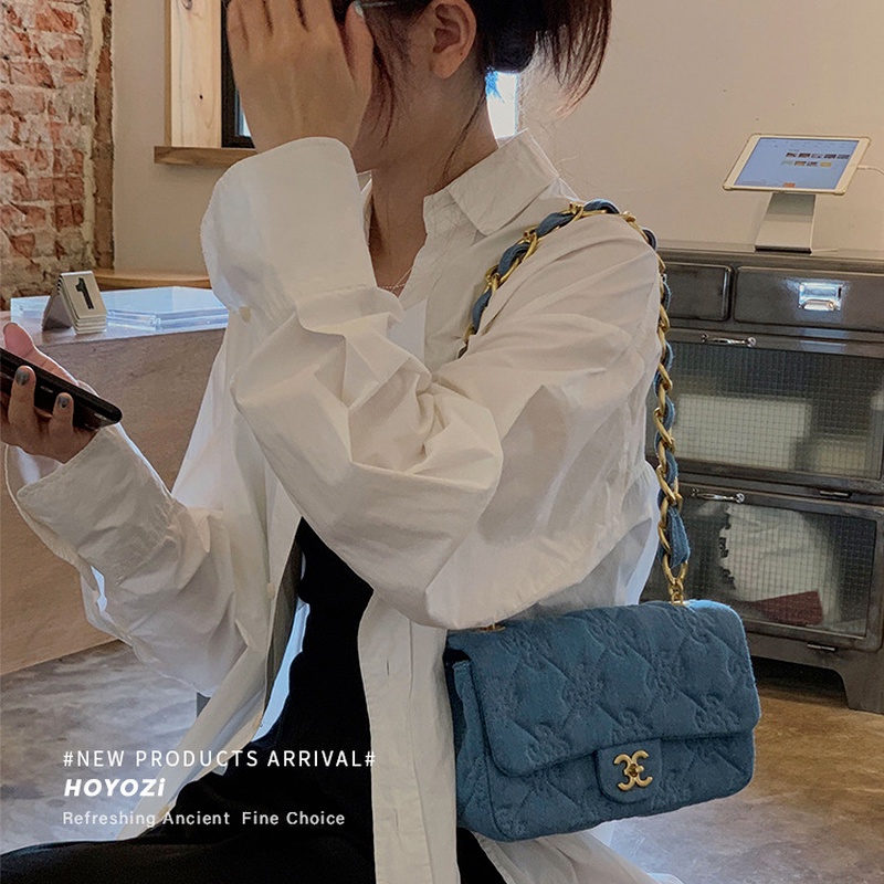 Túi denim Mềm Hình Vuông Nhỏ Họa Tiết Kẻ Sọc Đính Đá Có Khóa Gài Thời Trang Mùa Hè 2022 Gylb1410