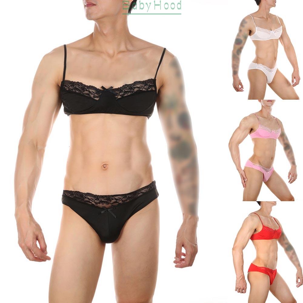 Men Sissy Gay Sexy Lace G-String Bikini Underwear Bra Top Panties Underpants Set#BBHOOD