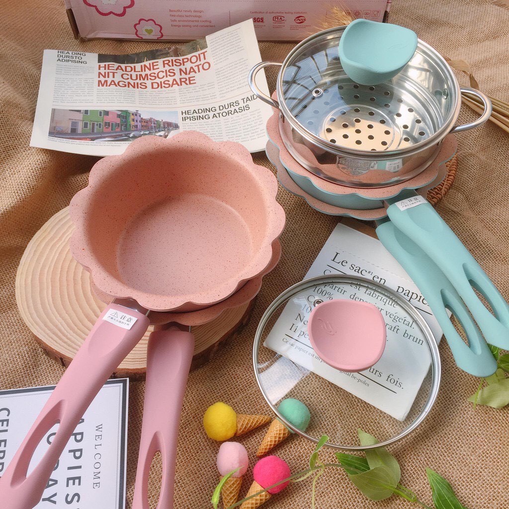 [ BẢO HÀNH 12 THÁNG ] Bộ Nồi Chảo Đá Hình Hoa Cho Bé Ăn Dặm Cao Cấp Chống Dính Kèm Lồng Hấp Babibu