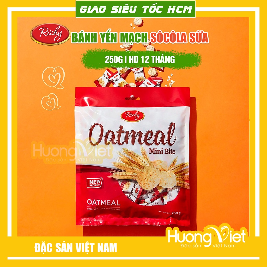 Bánh yến mạch Hàn Quốc Oatmeal Richy, kẹo yến mạch bơ sữa sôcôla ngọt dịu, giòn xốp túi 250g