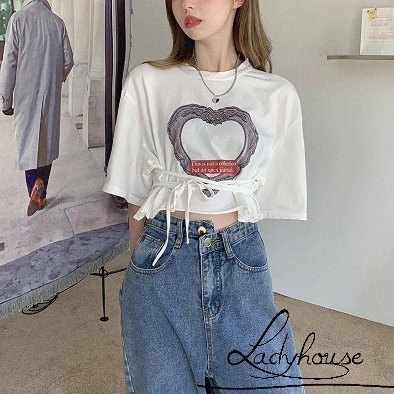 Áo Croptop Cổ Tròn Tay Ngắn In Họa Tiết Trái Tim Thời Trang Mùa Hè Cho Nữ