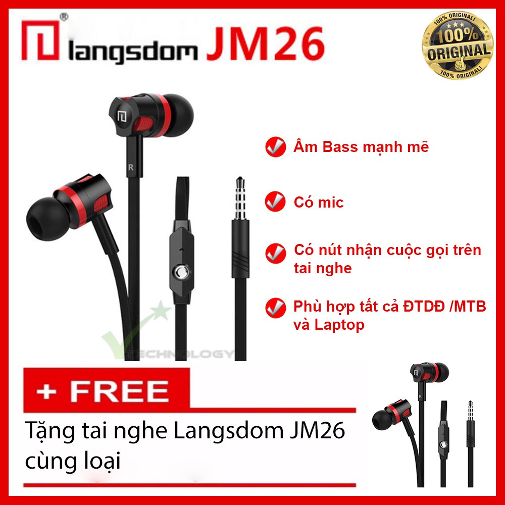 [Mã 2404EL10K giảm 10K đơn 20K] Tai nghe nhét tai Langsdom JM26 Super Bass (Đen) + Tặng tai nghe cùng loại