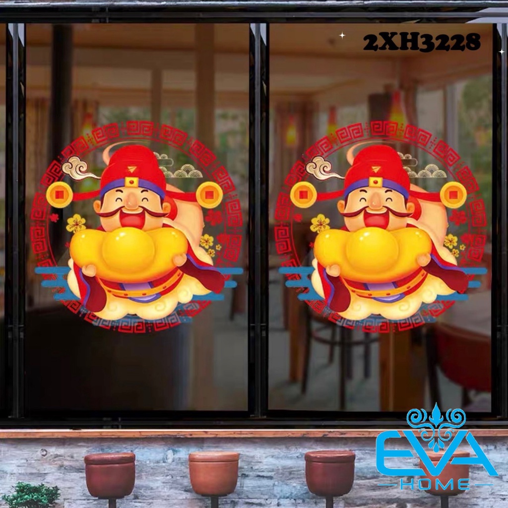 Decal Dán Tường Dán Kính Trang Trí Tết Họa Tiết Thần Tài Ôm Thổi Vàng Đón Xuân XH3228 M3595