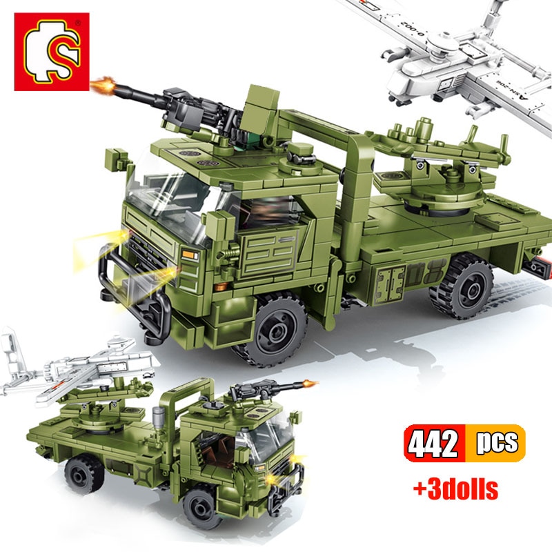 Mô hình đồ chơi giáo dục Lắp ráp xe tăng Máy bay quân sự SEMBO 105621 442Pcs Army Military 3 figures UAV launch vehicle
