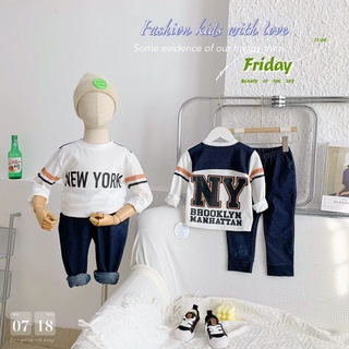 Bộ dài tay Newyork áo cotton quần giả jeans bé trai Beboong