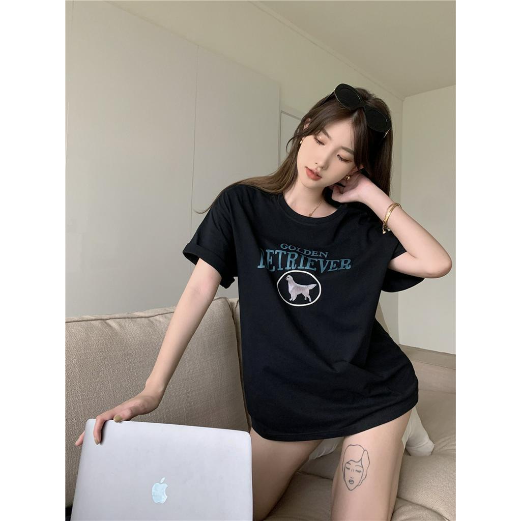 Áo Thun Dáng Rộng Ngắn Tay In Hình Cún Thời Trang Mùa Hè Mỹ Kiểu Mới 53641