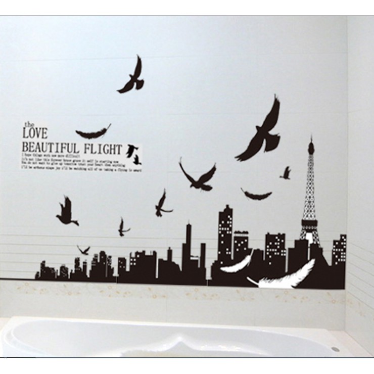 Decal trang trí tường Thành Phố và đàn Chim đen
