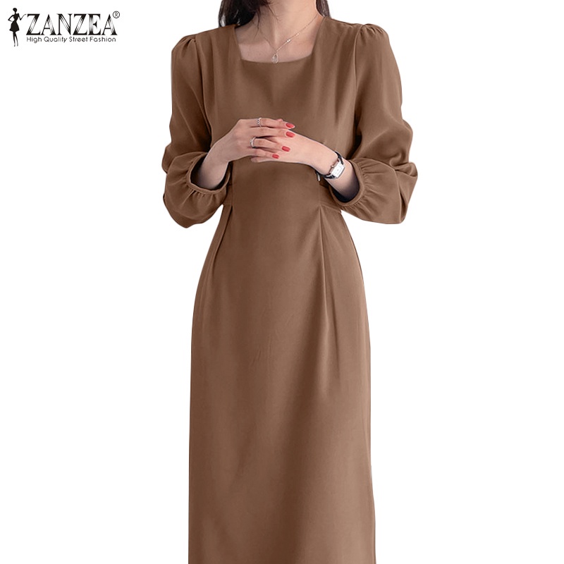 Đầm ZANZEA dáng dài cổ vuông tay dài phối dây buộc thời trang thường ngày cho nữ