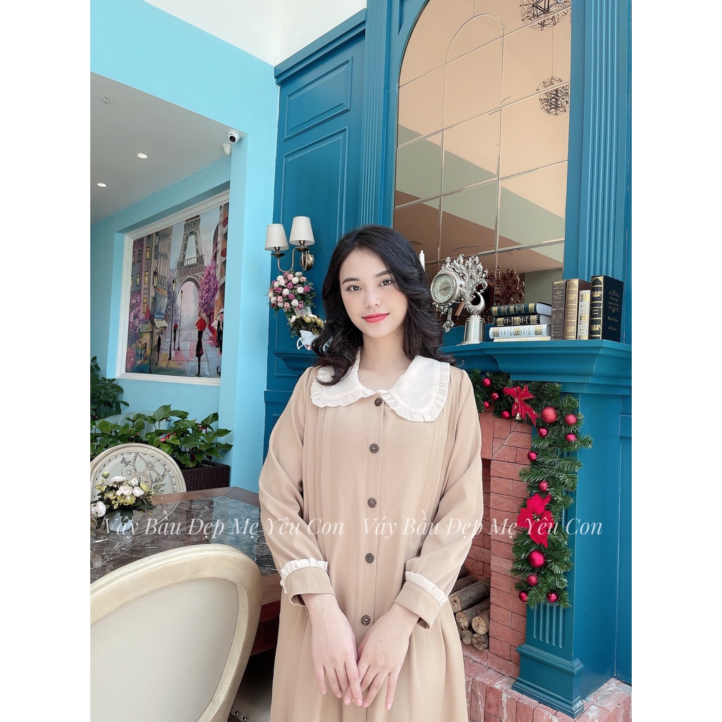 Đầm bầu công sở Váy bầu đẹp kaki nâu dáng suông dài tay MYC 10M