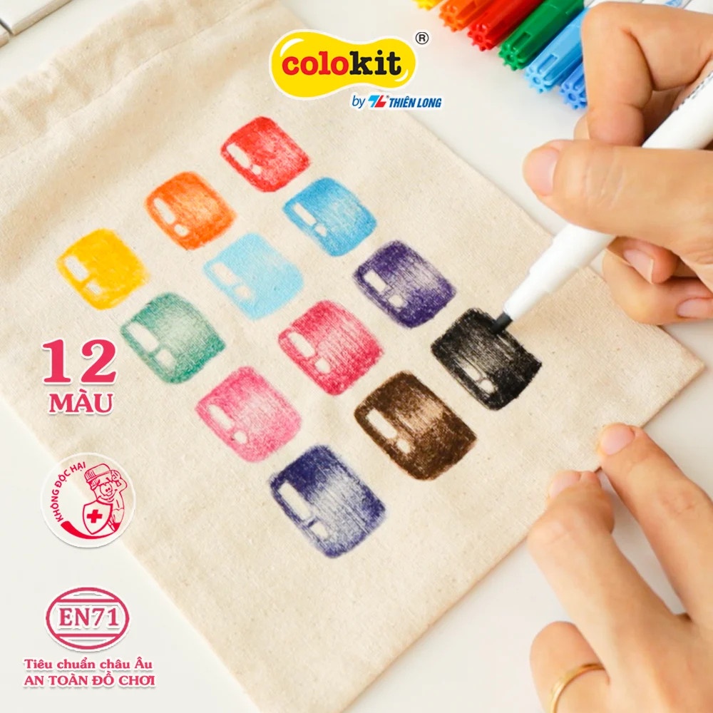 Bút vẽ lên vải 12 màu Fabric Marker Thiên Long Colokit - Tặng kèm túi vải Canvas