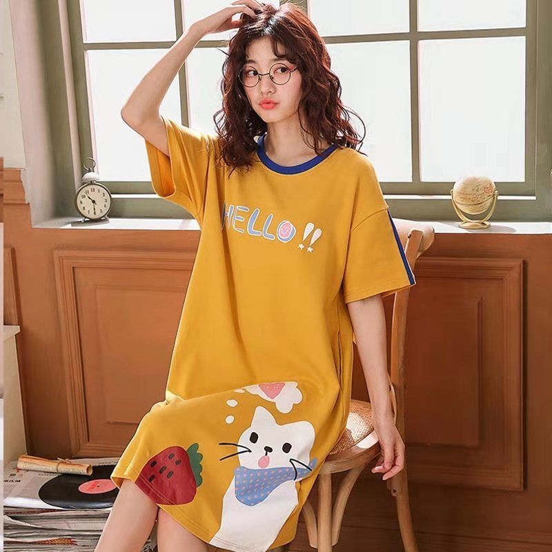 % bộ quần áo ngủ nữ cotton ngắn tay ban ngày cho phụ dễ thương béo plus size rộng rãi bà bầu mặc nhà Hàn QuốcK