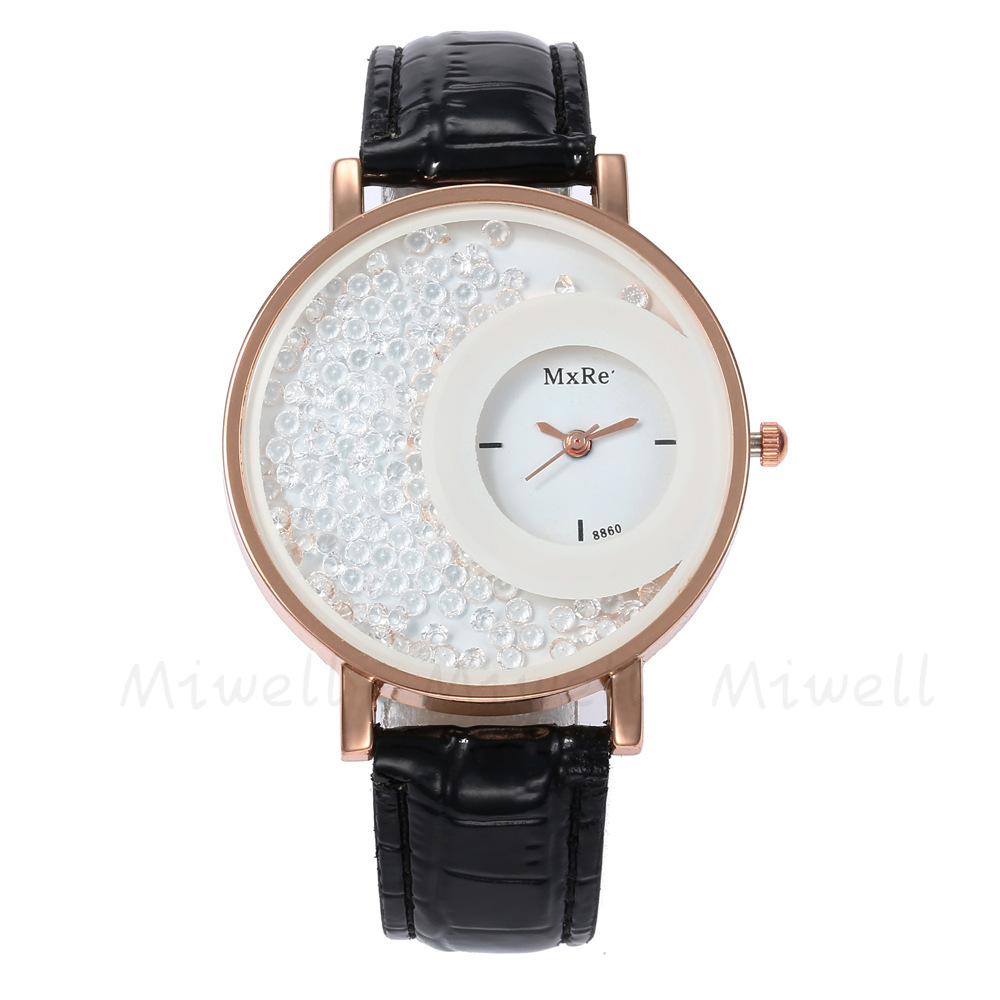 Double Dials Casual Women Watch, Fashion Rhinestone Leather Strap Quartz Wristwatch WH0386-38