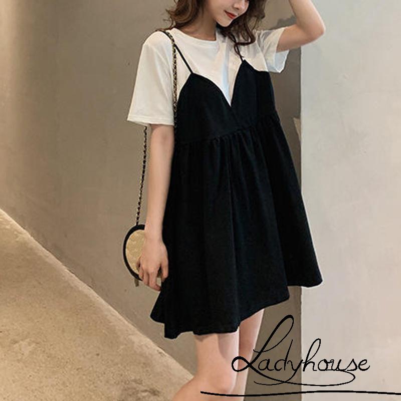 Đầm Ngắn Tay Giả Hai Mảnh Dáng Suông Cổ Tròn Thời Trang Mùa Hè Cho Nữ