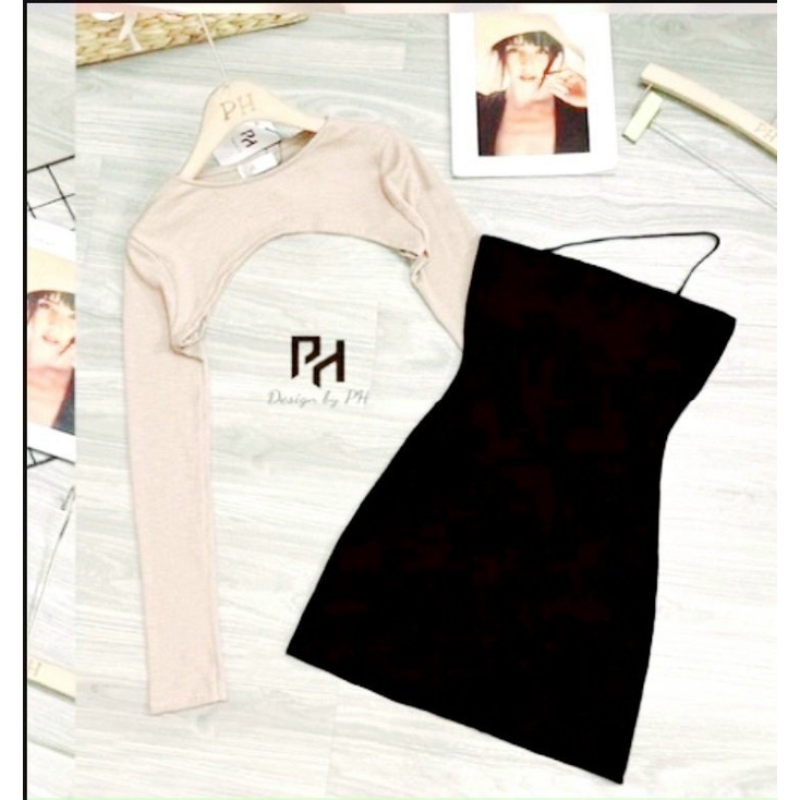 Sét đầm 2 dây trơn body phối áo kiểu tay dài cực xinh , chất thun gân mềm mịn