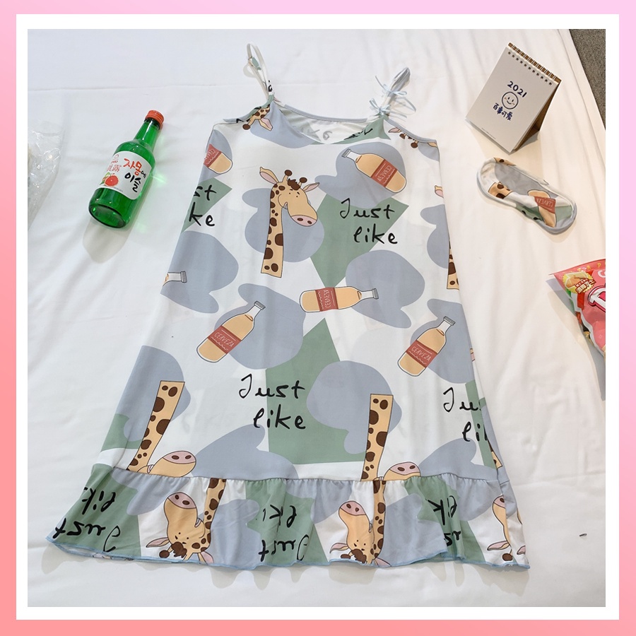 Váy ngủ nữ hai dây dễ thương bigsize chất cotton thun sữa có đệm ngực đuôi xếp li kèm bịt mắt VN02