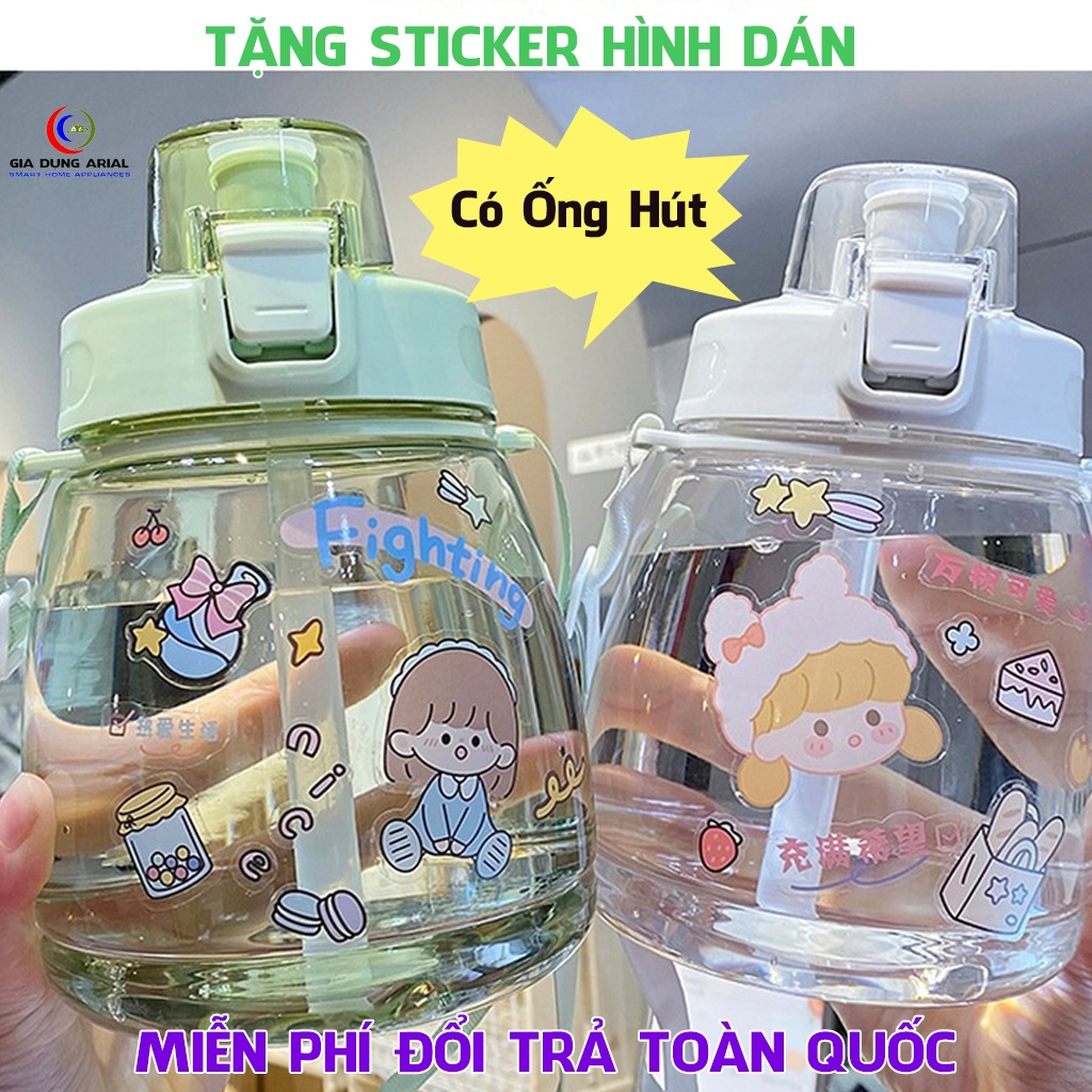 [ NHỰA TỐT ] Bình Nước Nhựa Cao Cấp Dung Tích 1200ml Có Ống Hút Kèm Dây Đeo Cực Tiện Lợi Xinh Xắn Dễ Thương TẶNG STICKER