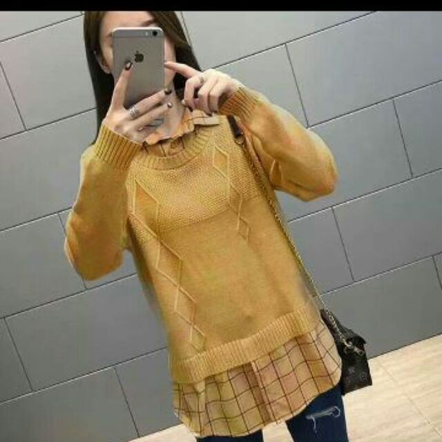 Áo len ghi lê mix sơ mi kẻ Hàn Quốc Ulzzang sỉ ❤️ Freeship❤️