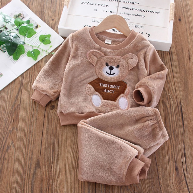 Bộ Đồ Ngủ Chất Nỉ Dày Dặn In Họa Tiết Hoạt Hình Chú Gấu Dễ Thương Thời Trang Thu Đông Phong Cách Hàn Quốc Cho Bé