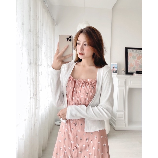 SET ĐẦM HOA NÚT BỌC + ÁO KHOÁC TRẮNG