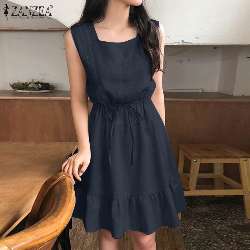 Đầm dáng ngắn ZANZEA cổ vuông không tay dáng rộng thời trang cho nữ