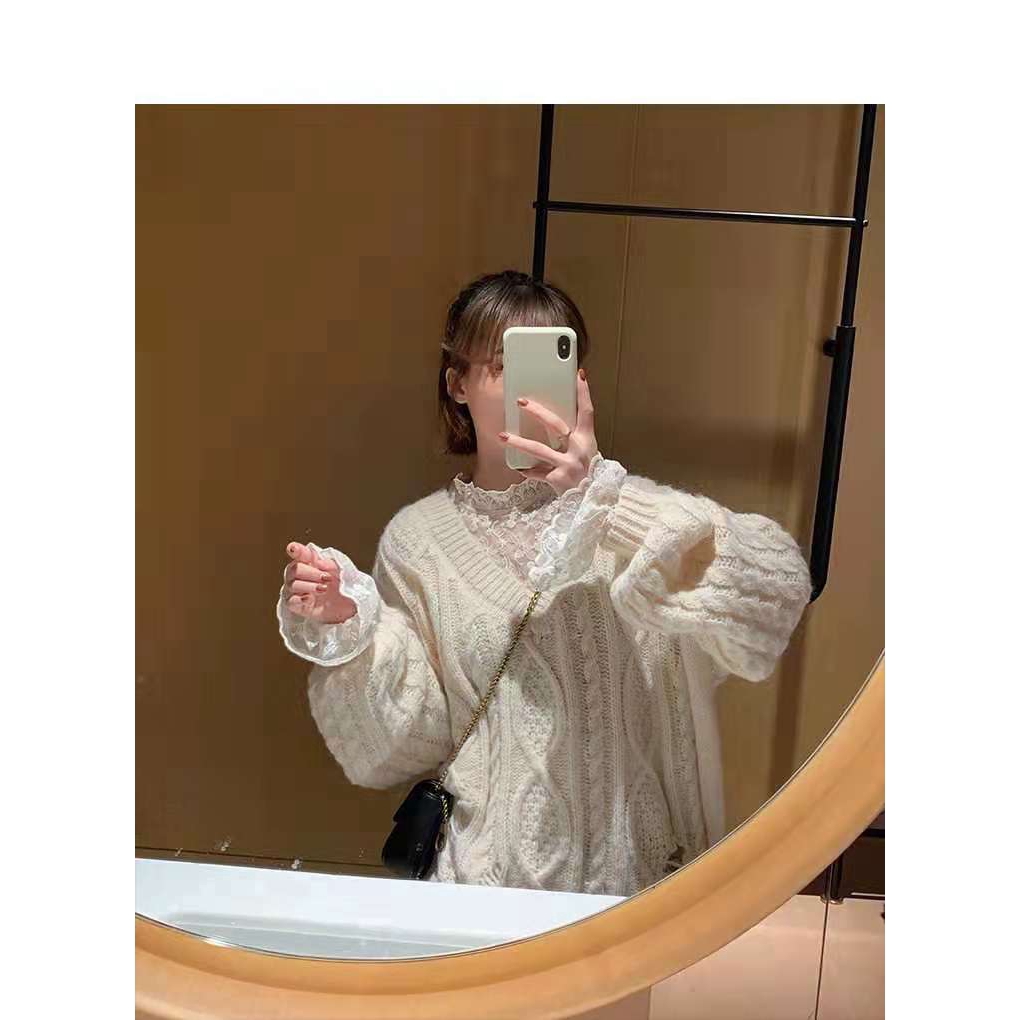 SUXI Áo kiểu tay loe dài phối ren hoa phong cách vintage