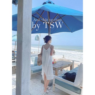 Váy maxi cổ yếm thô đũi thắt nơ xẻ sau