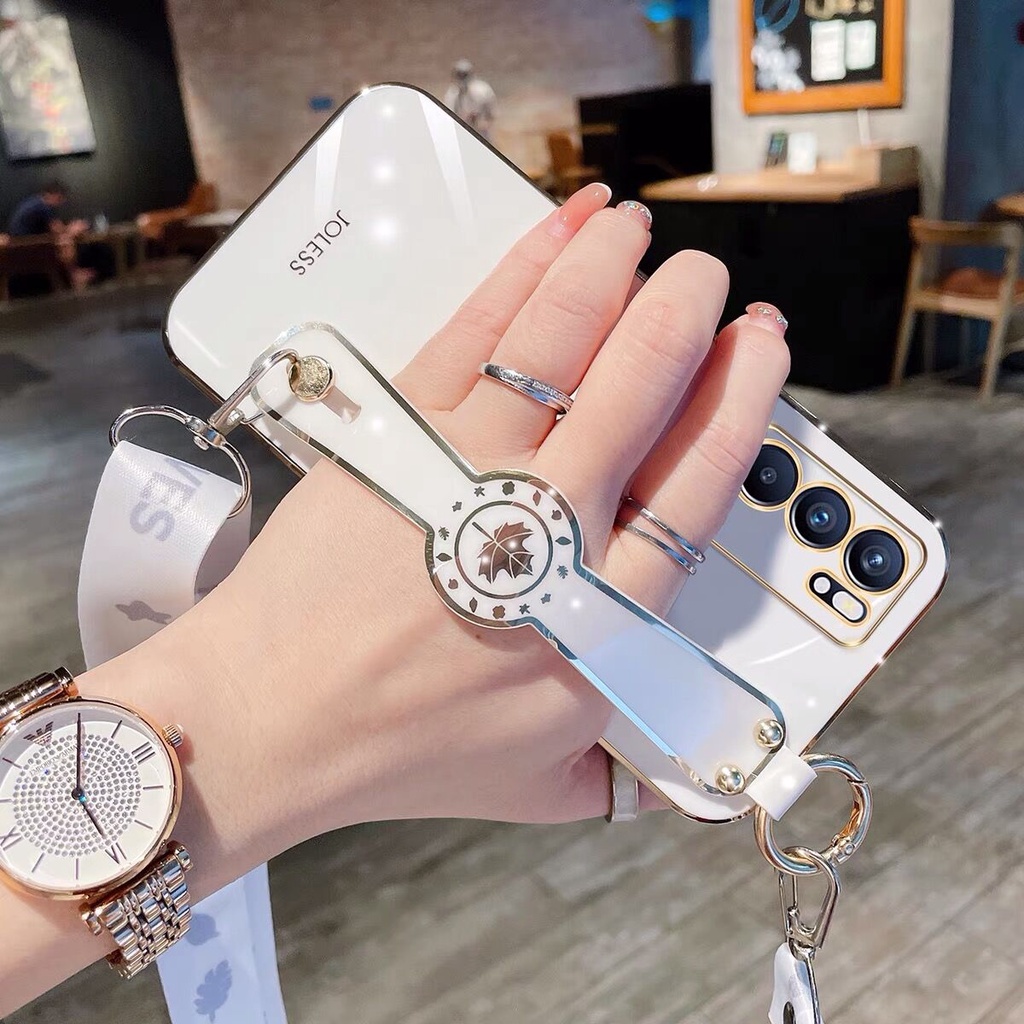 Ốp điện thoại vuông mạ điện hình lá phong có vòng tay cho Vivo V2101 V2108 V2050 V2109 V2022 V2023 V2025 V2024 V2026