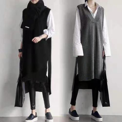 Đầm Sweater Dệt Kim Dáng Dài Cổ Chữ V Thời Trang